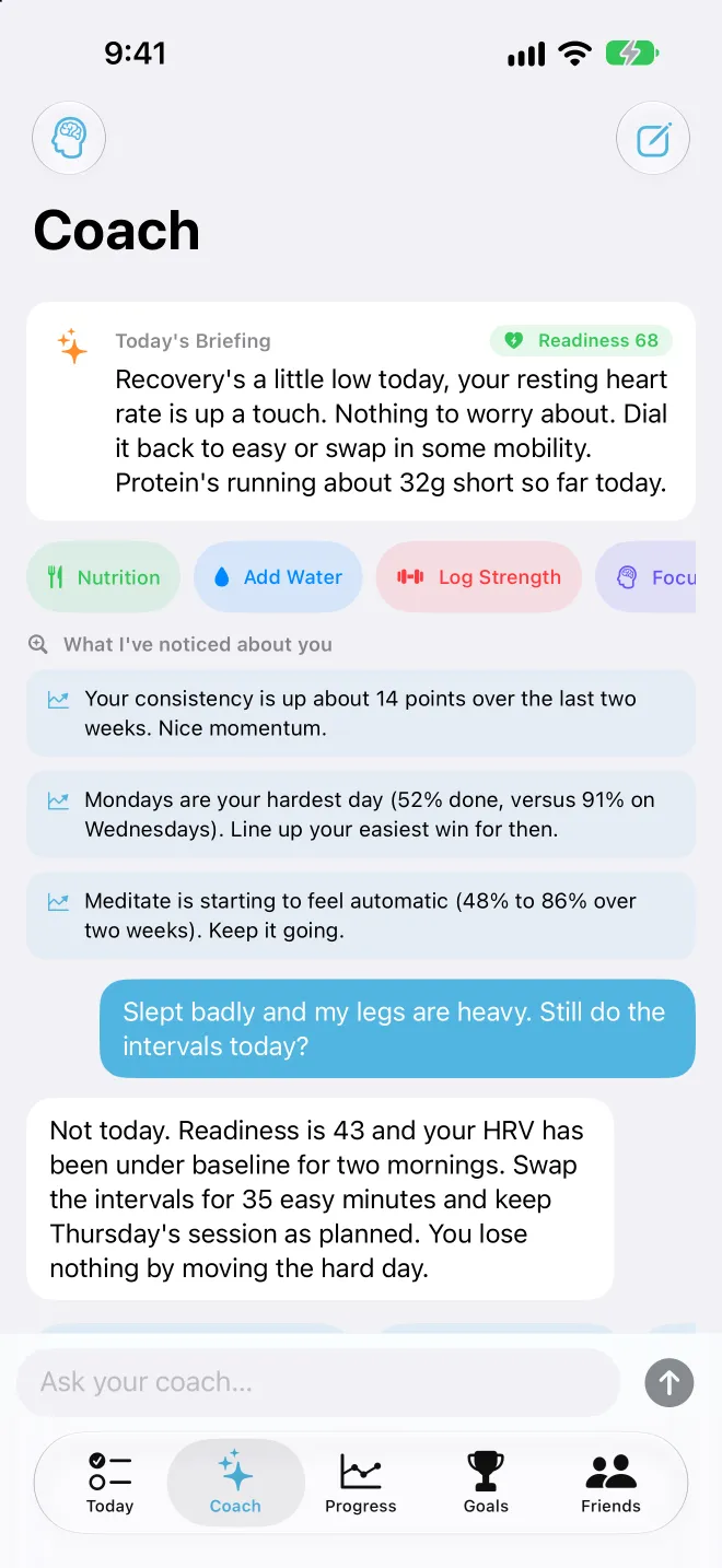 The Coach screen: today's briefing with readiness 68, patterns the coach has noticed, and a chat where the coach suggests swapping hard intervals for 35 easy minutes after a bad night.