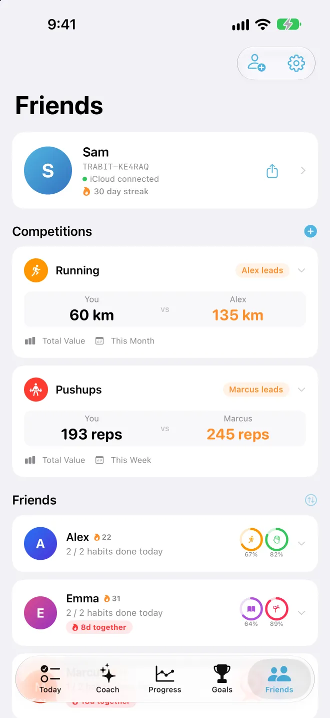 The Friends screen: your profile with a 30-day streak, competitions against Alex on running distance and Marcus on pushups, and your friends' progress today.